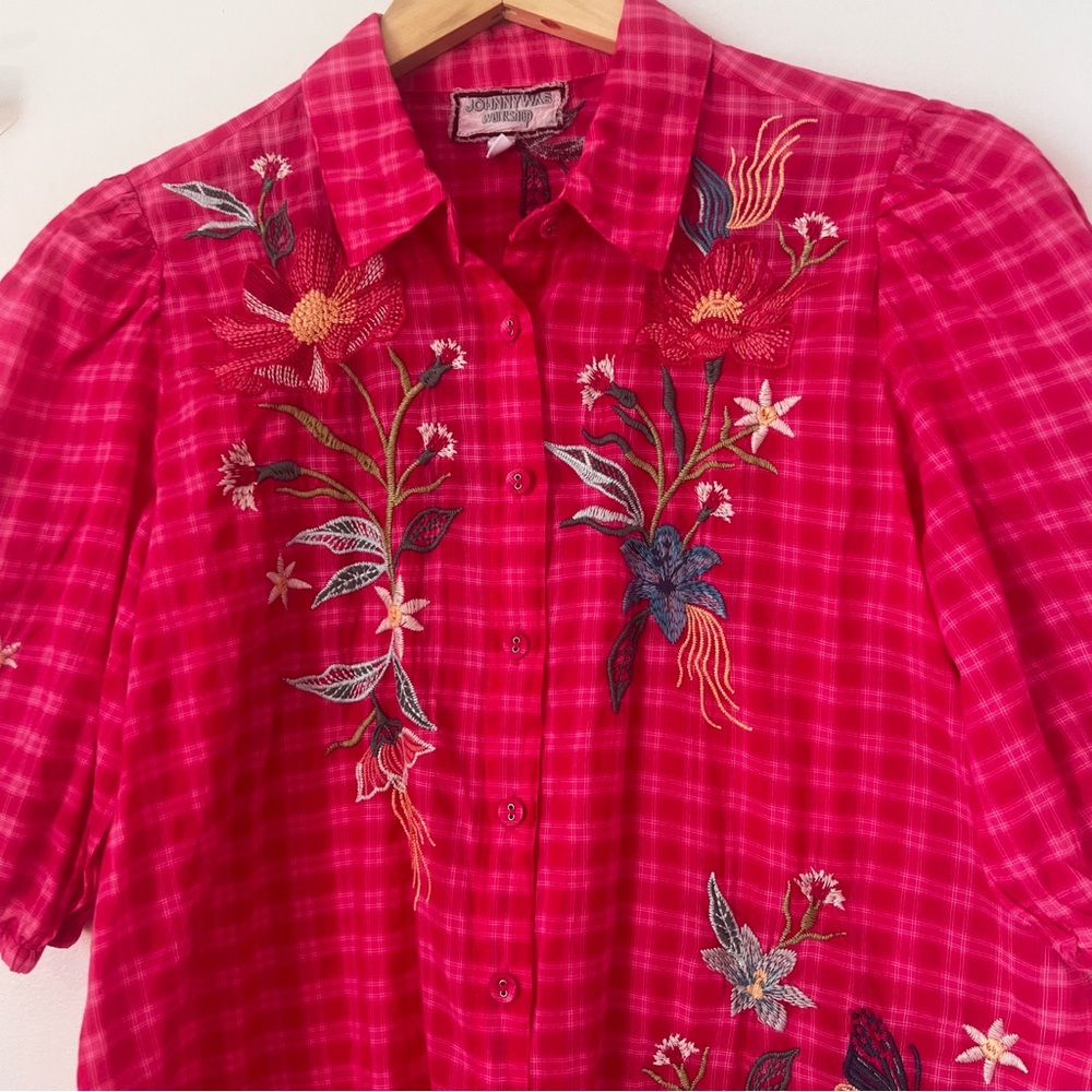 Johnny Was Pink Embroidered Gingham Button Down Blouse - Picture 3 of 11